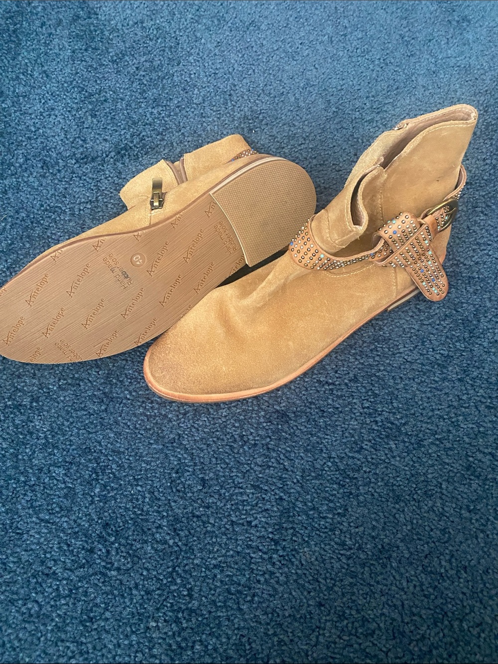 Antelope Suede Ankle Boots with Studded Buckle in Tan